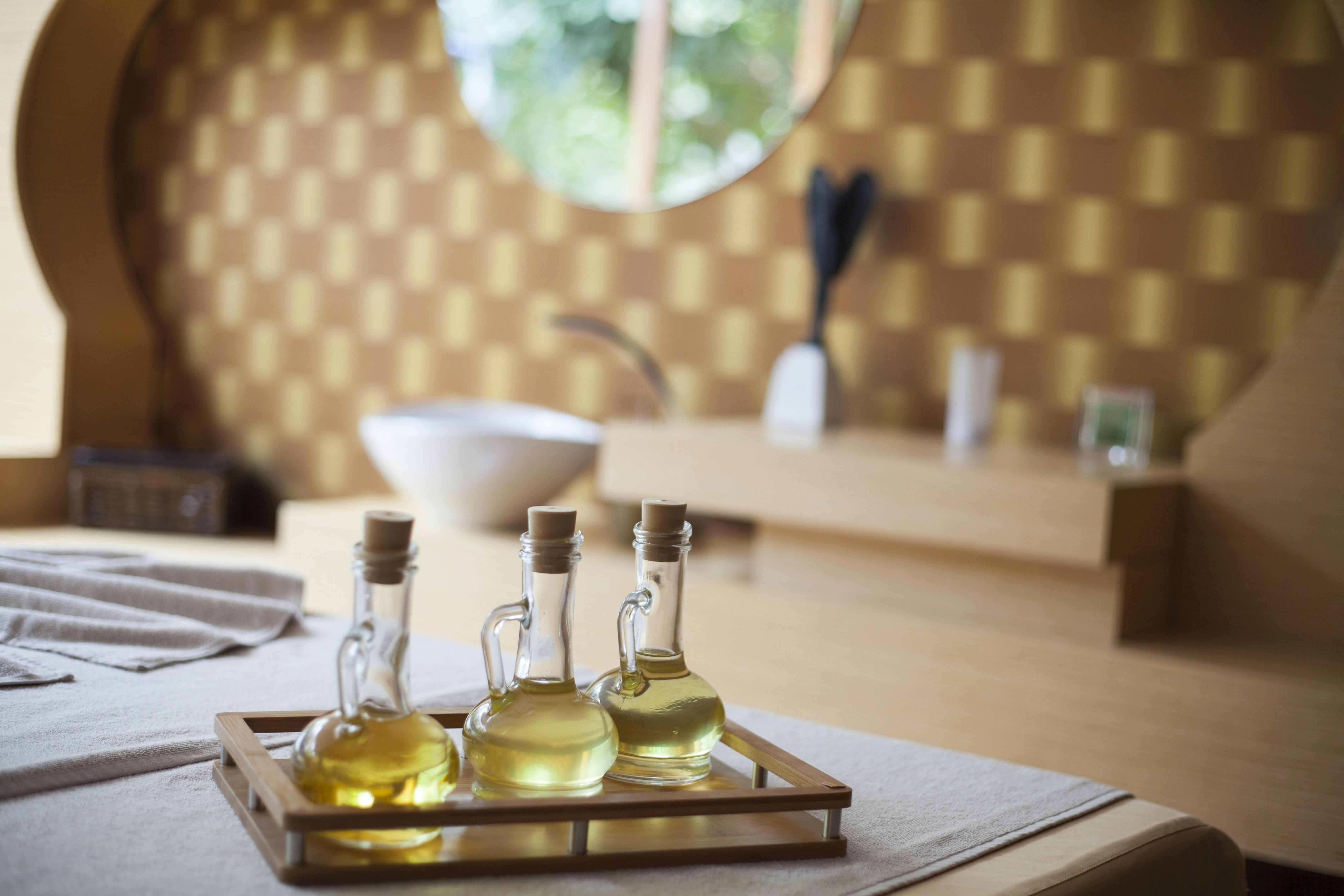 Glass dropper bottles with oils and herbs